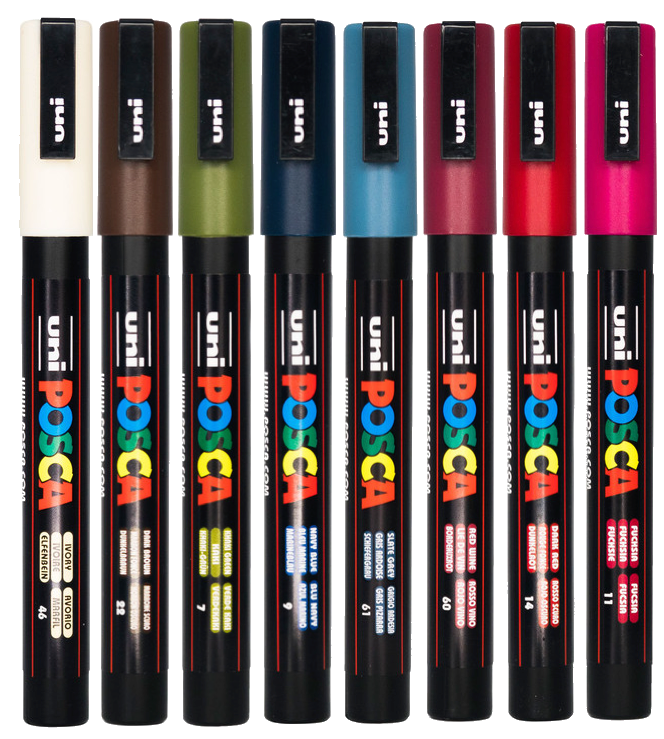 Eight POSCA PC-3M markers in the dark colour assortment