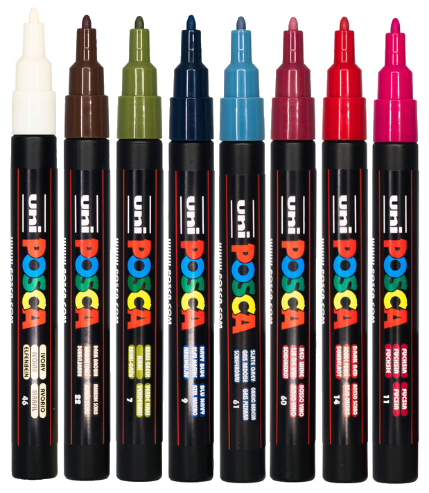 Colour swatches of the eight POSCA PC-3M dark shades