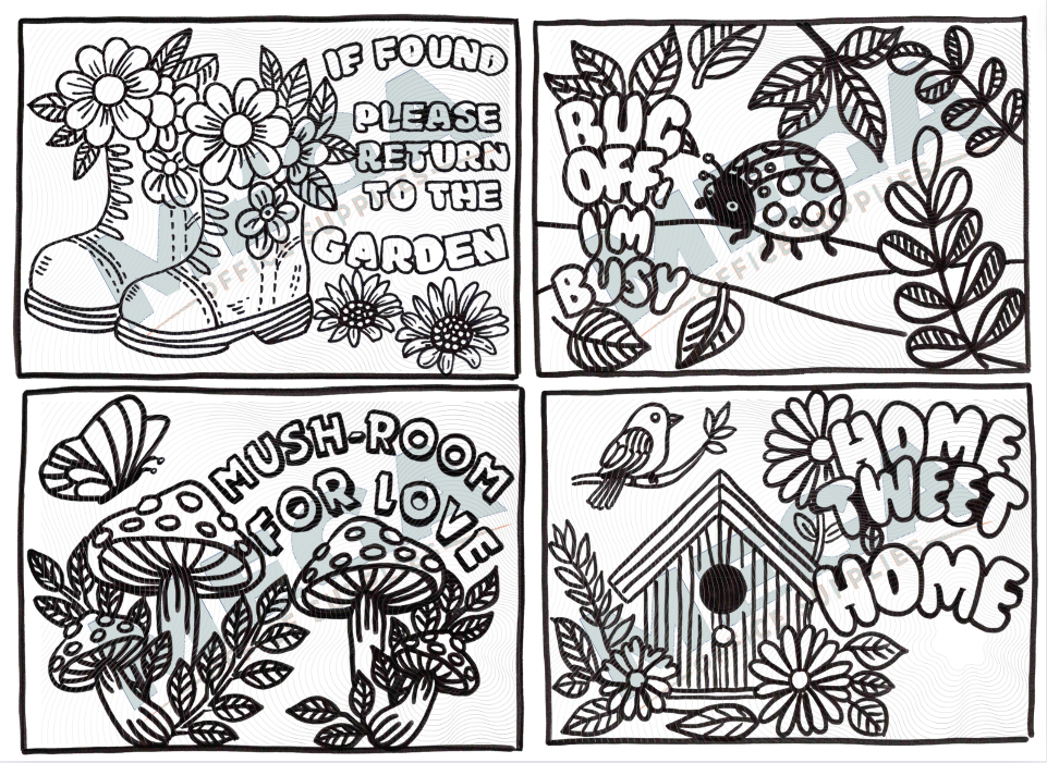 Blooming Garden adult colouring book open to a garden illustration on card pages
