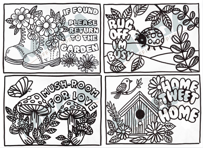 Blooming Garden adult colouring book open to a garden illustration on card pages