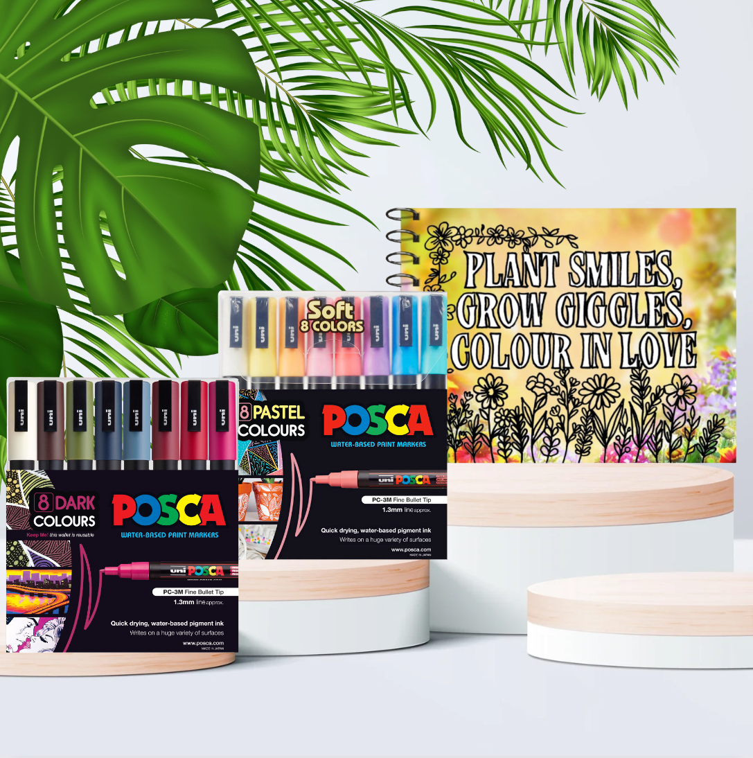 PoscART colouring bundle with the blooming garden book and POSCA PC-3M dark and pastel wallets