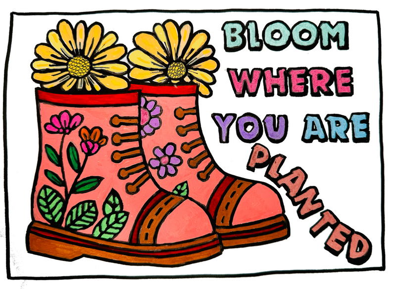 Blooming garden colouring book page with a cheeky saying