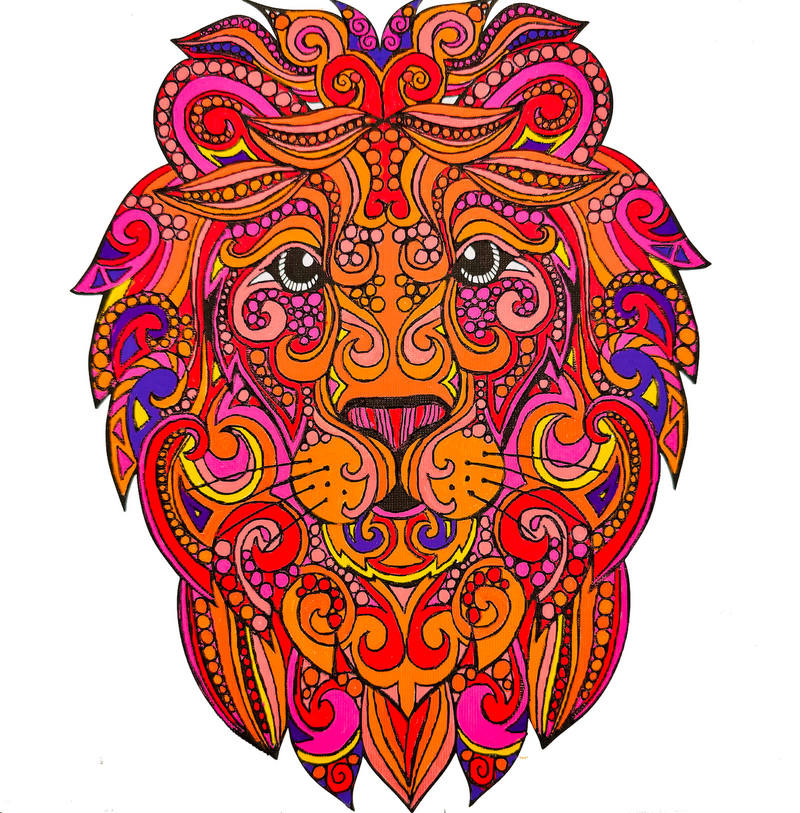 Lion artwork in fire tones drawn with POSCA PC-3M markers