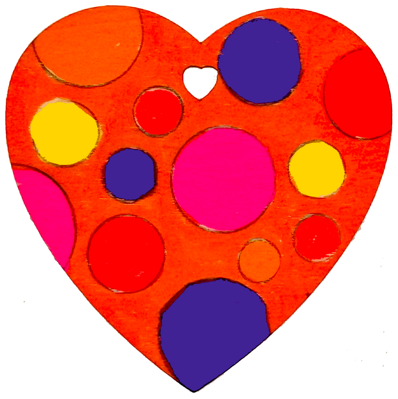 Wooden heart with polka dots in fire tones drawn with POSCA PC-3M markers