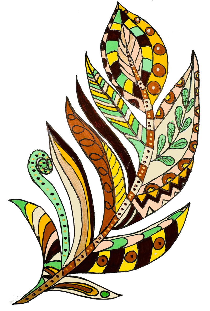 Feather drawn in brown and green earth tones with POSCA PC-3M markers