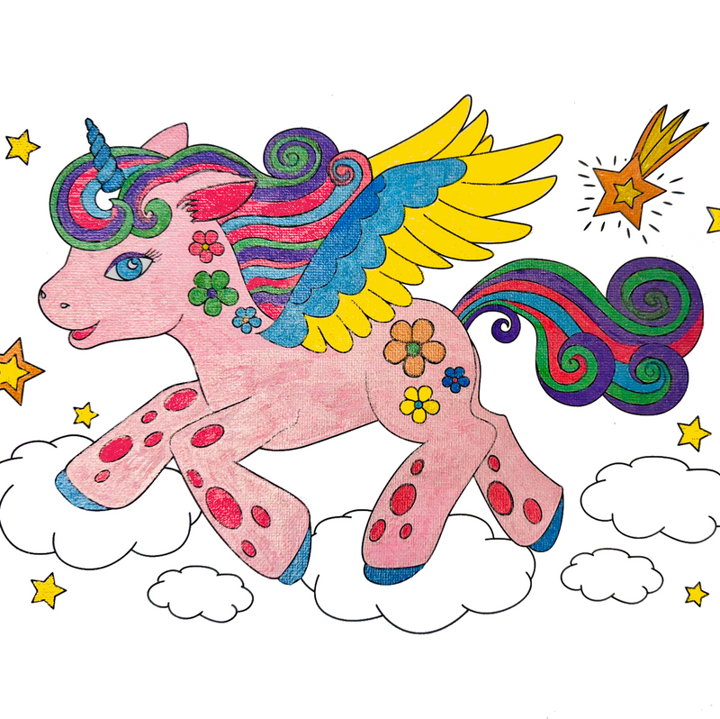 Unicorn and rainbow artwork on canvas drawn with POSCA PC-3M glitter markers