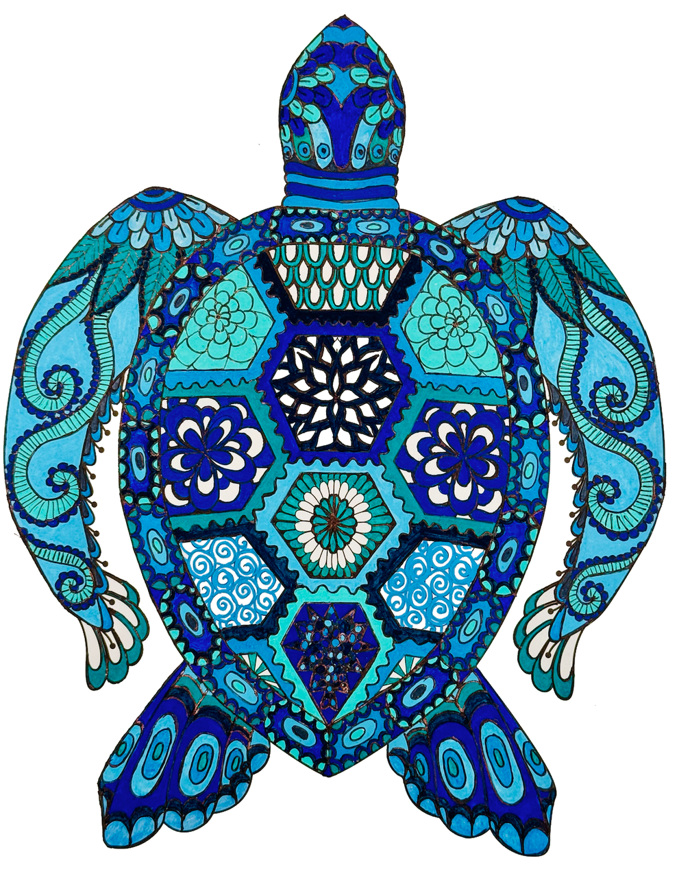 Sea turtle artwork on canvas drawn with POSCA PC-3M water tones markers