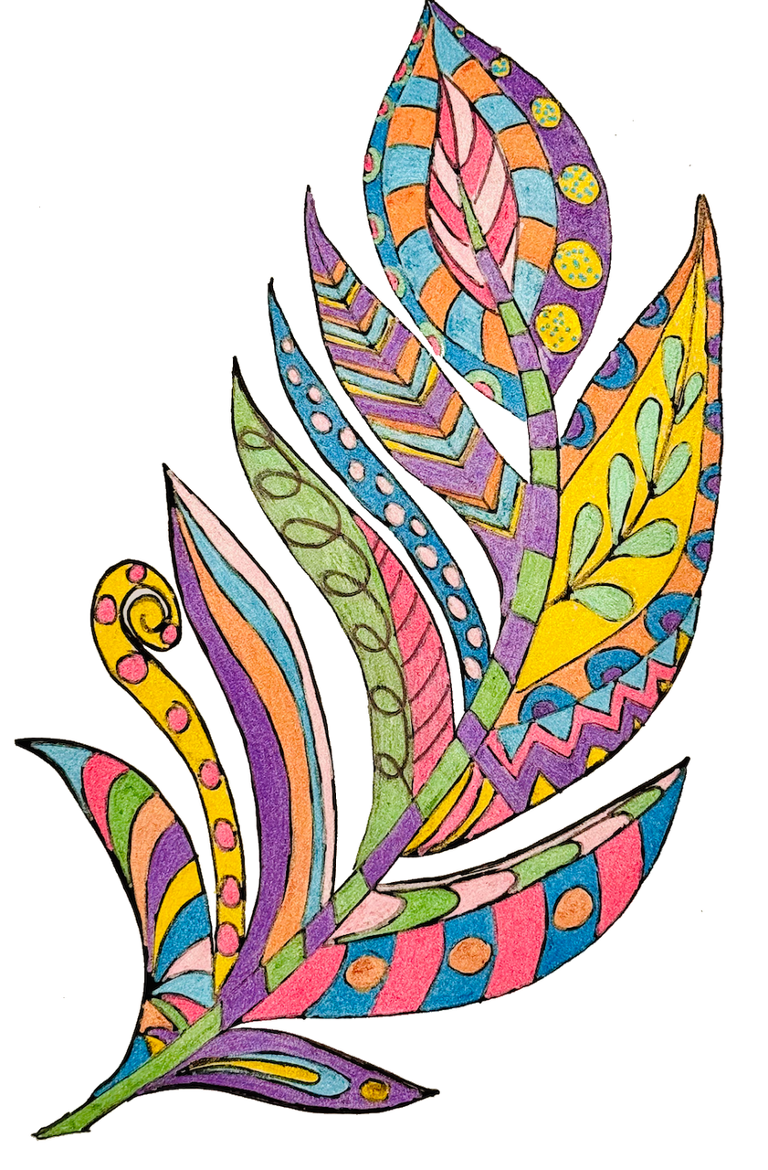 Feather drawn in multicoloured glitter with POSCA PC-3M markers