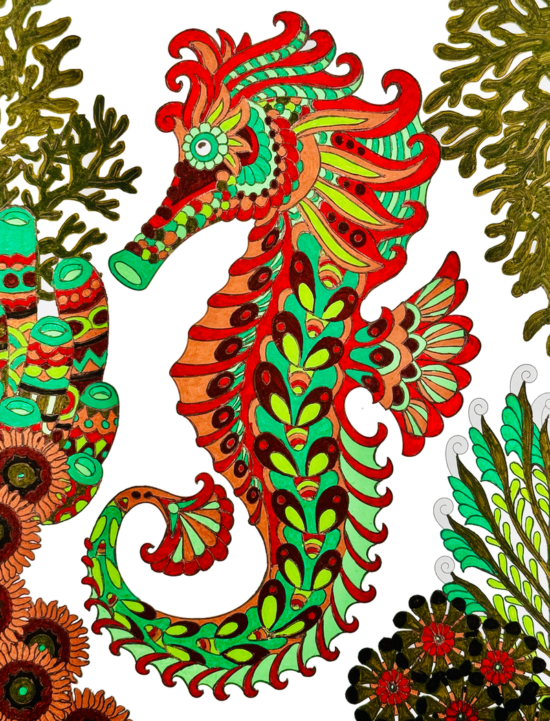 Seahorse and foliage illustration drawn with POSCA PC-3M wood tones markers