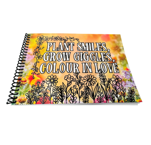 Blooming Garden adult colouring book, Plant Smiles Grow Giggles Colour in Love, front cover