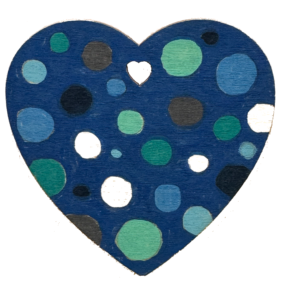 Wooden heart with polka dots in water tones drawn with POSCA PC-3M markers