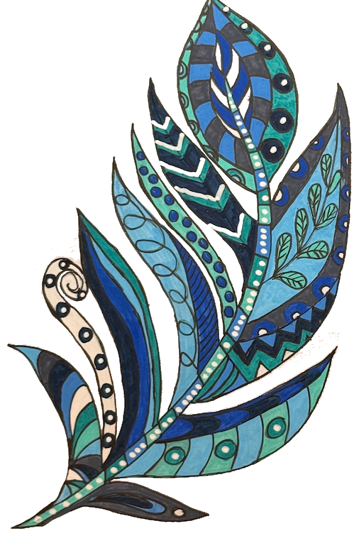 Feather drawn in ocean blues and greens with POSCA PC-3M markers