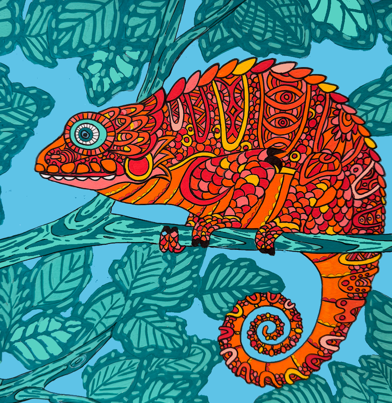 Chameleon drawing on canvas made with POSCA PC-5M summer tones