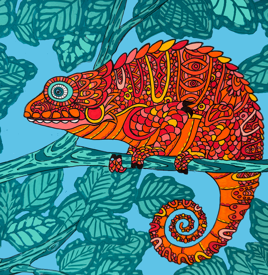 Chameleon drawing on canvas made with POSCA PC-5M summer tones
