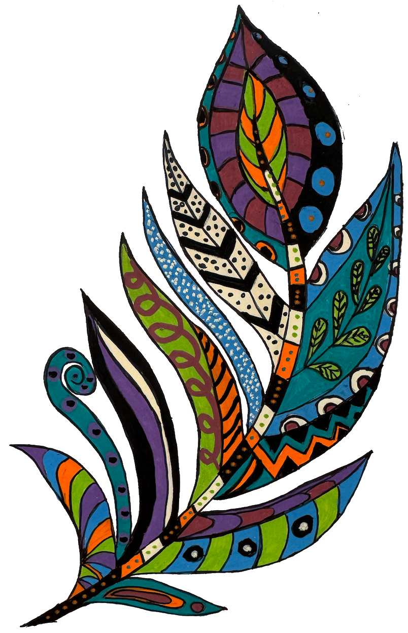 Colourful feather illustration made with POSCA PC-5M Indigenous Modern tones