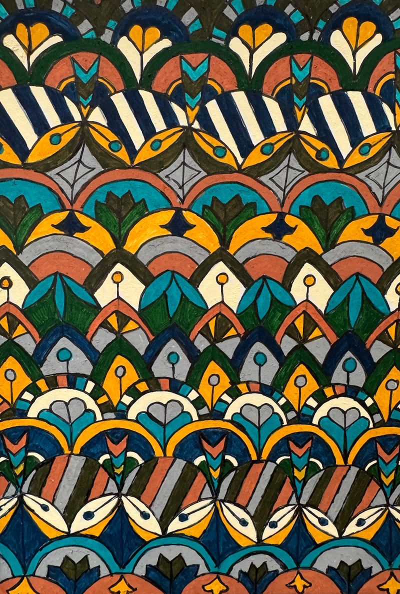 Abstract canvas art in layered patterns made with POSCA PC-5M earth colour tones