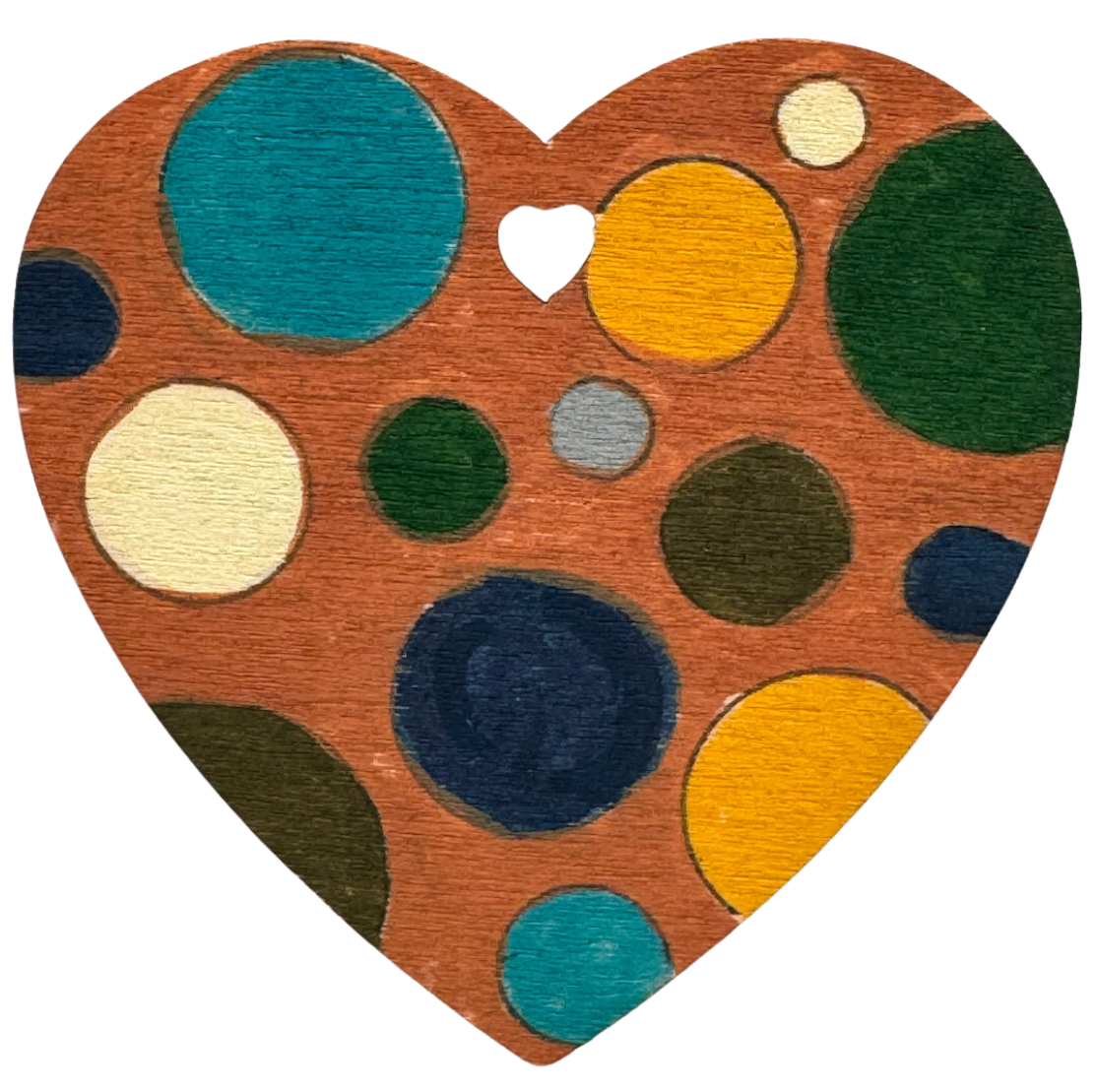 Painted wooden heart with circles in earth tones made with POSCA PC-5M markers