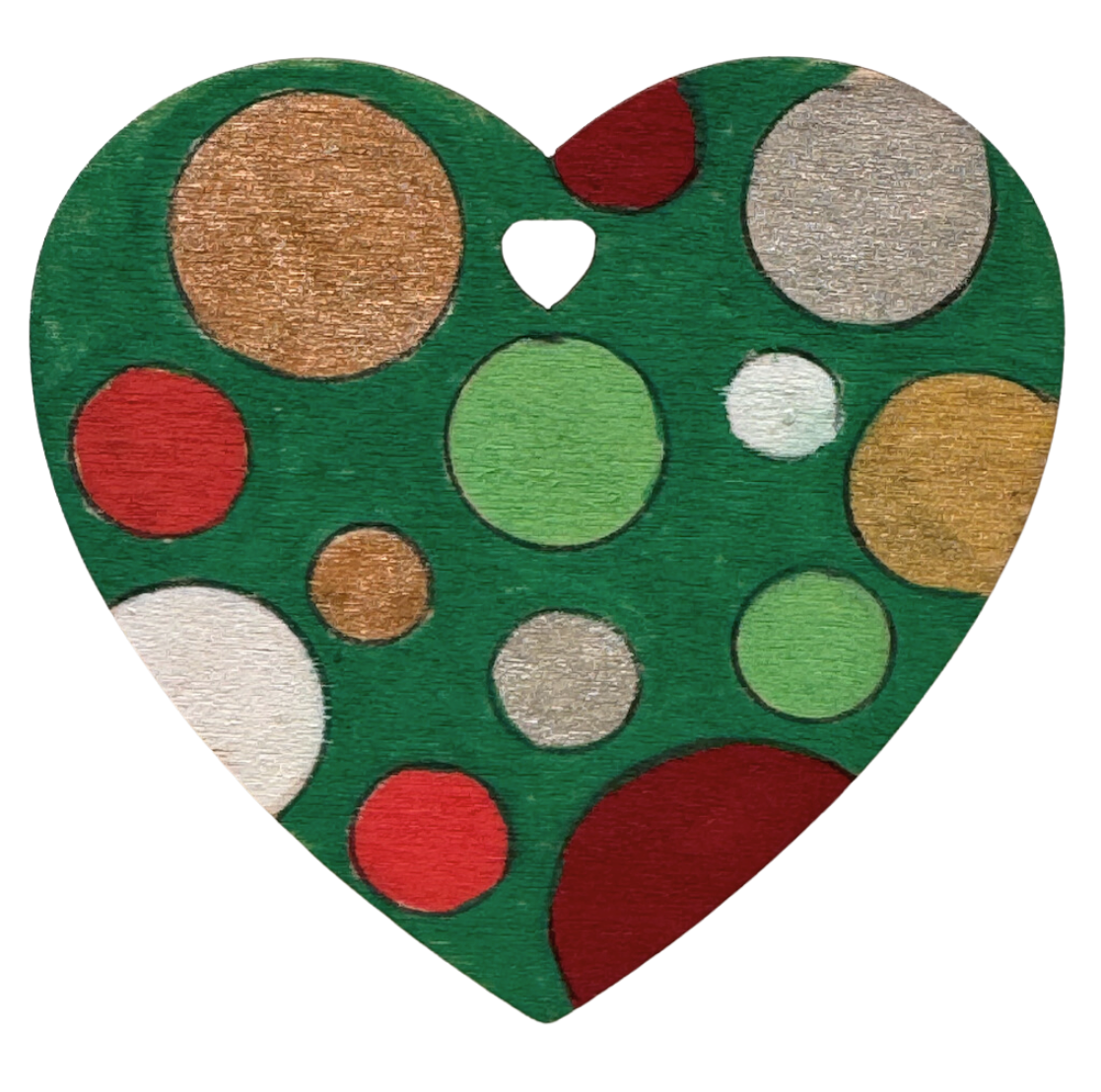 Wooden heart painted with dots in red, gold and green using POSCA PC-5M Christmas tones