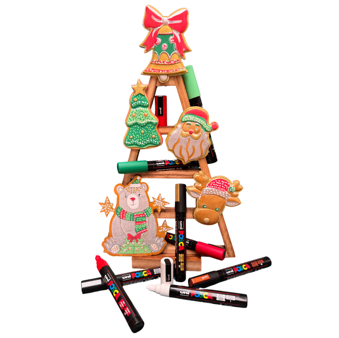 Christmas decorations and tree made with POSCA PC-5M Christmas tones