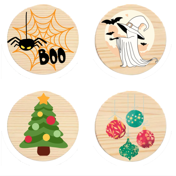 Round wooden coasters set of 2, seasonal painted design example