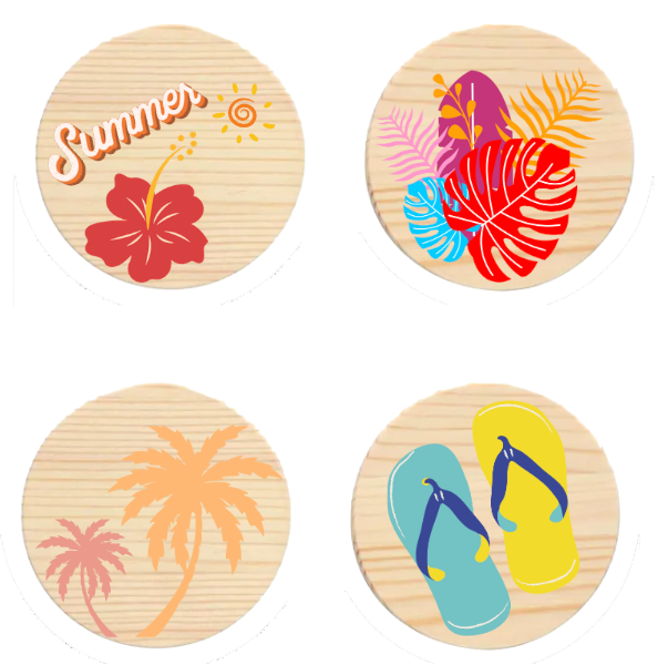 Round wooden coasters set of 2, summer theme painted design example