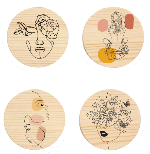 Round wooden coasters set of 2, minimalist line art design example
