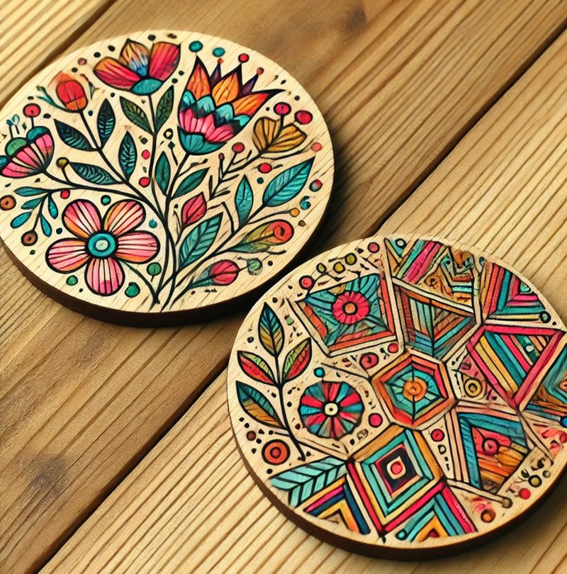 Round wooden coasters set of 2, abstract painted design example