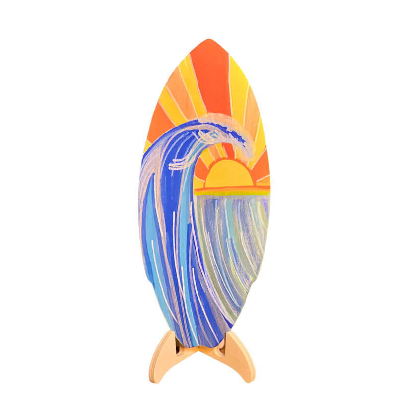 Blank plywood surfboard with stand 36cm, board standing upright on its two-piece stand