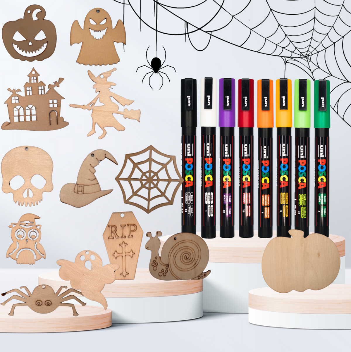 PoscART Halloween craft bundle with six wooden shapes and the POSCA PC-3M Halloween Tones wallet