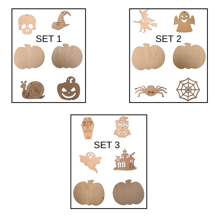 Painted wooden pumpkin and ghost shapes from the PoscART Halloween bundle