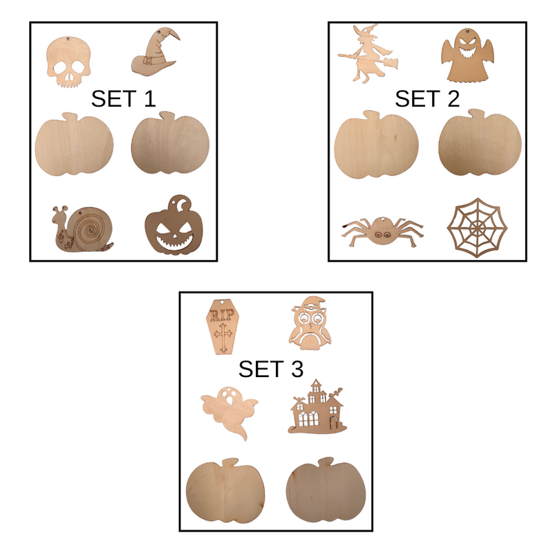 Painted wooden pumpkin and ghost shapes from the PoscART Halloween bundle