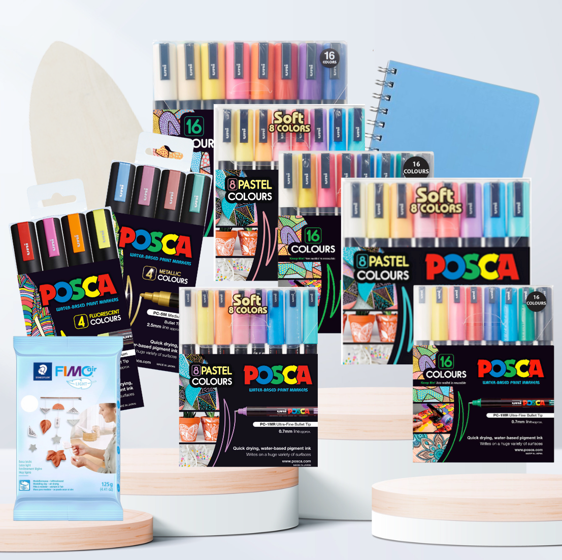 PoscART large POSCA gift box with 80 markers, wooden surfboard, FIMO Air Light and an A5 visual art diary