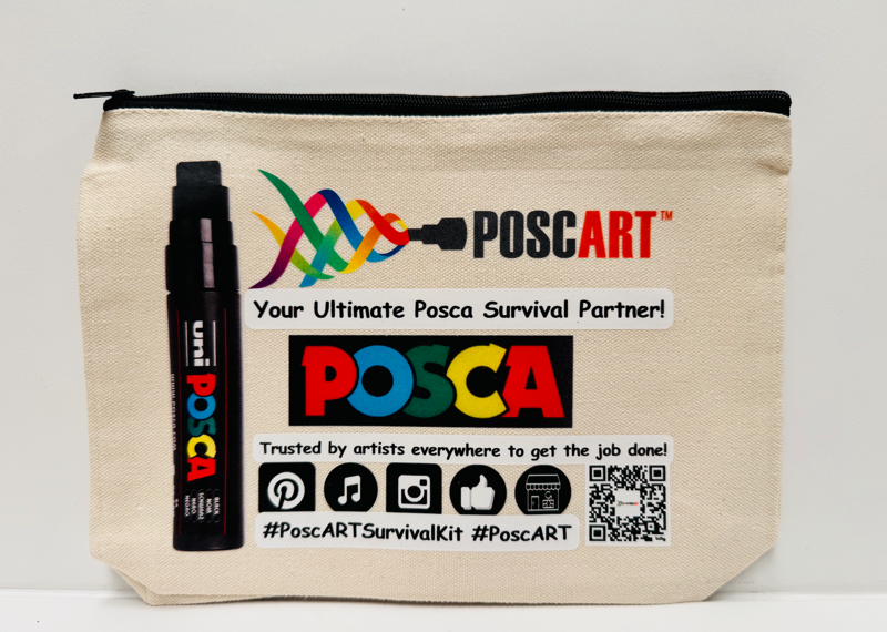 A canvas zip pouch featuring bold PoscART and POSCA branding, a large POSCA marker graphic, and the tagline “Your Ultimate Posca Survival Partner!”