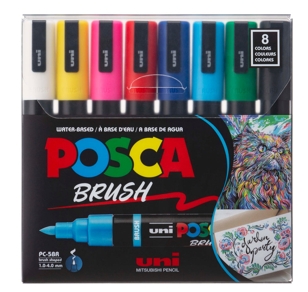 POSCA PC-5BR brush tip wallet of 8 assorted colours in packaging