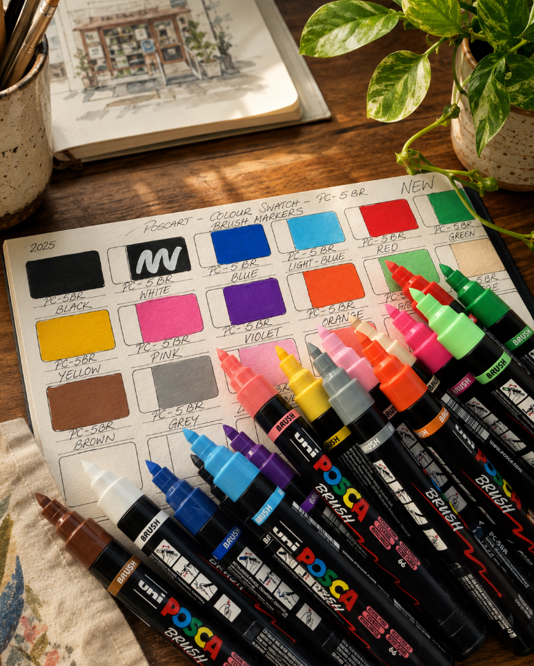 POSCA PC-5BR brush markers beside a hand-drawn colour swatch chart