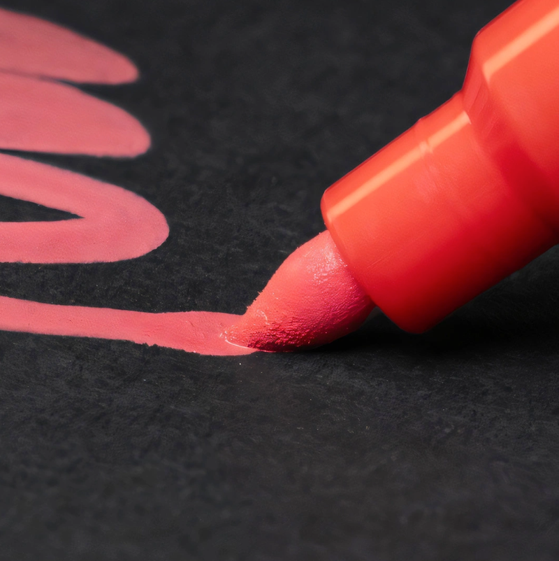 Macro view of a red POSCA PC-5BR brush tip laying a stroke on black