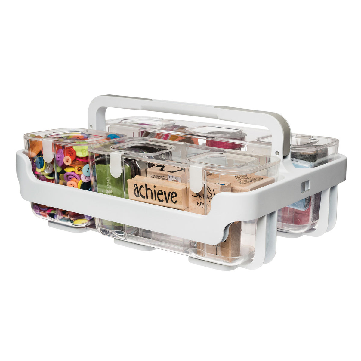 Deflecto stackable caddy organiser, top view showing compartments