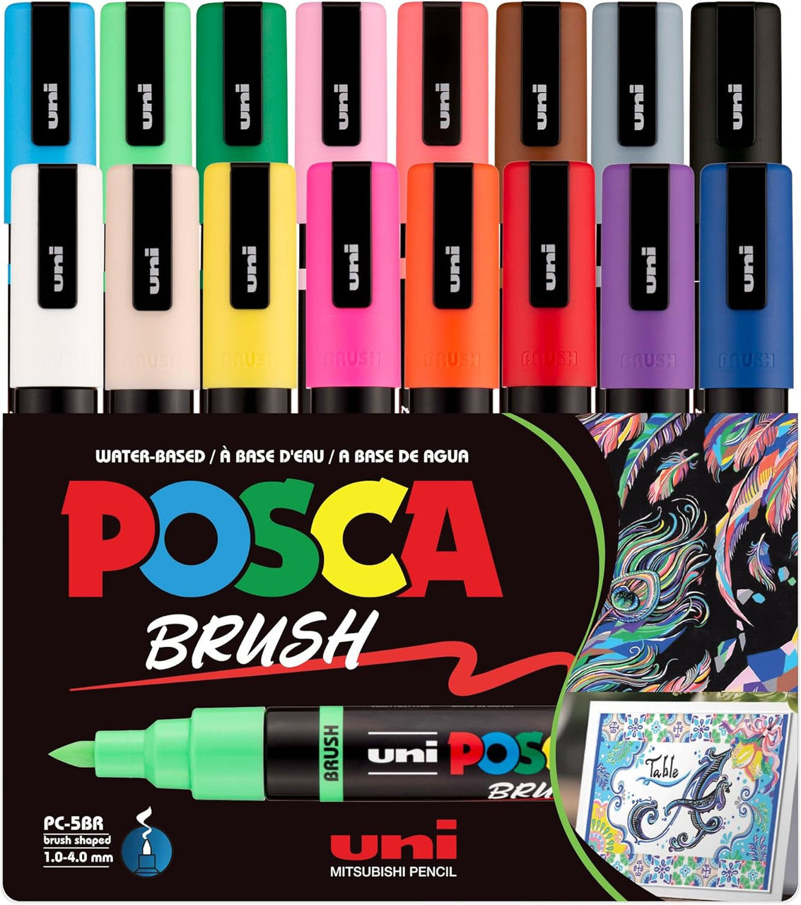 POSCA PC-5BR brush tip wallet of 16 assorted colours in packaging