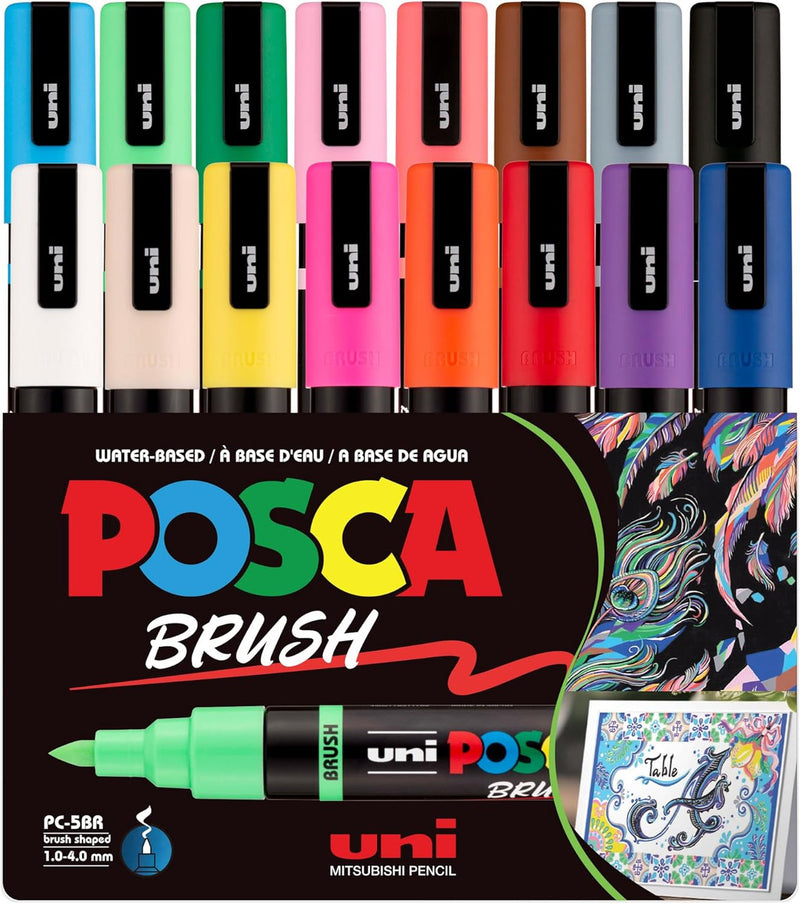 POSCA PC-5BR brush tip wallet of 16 assorted colours in packaging