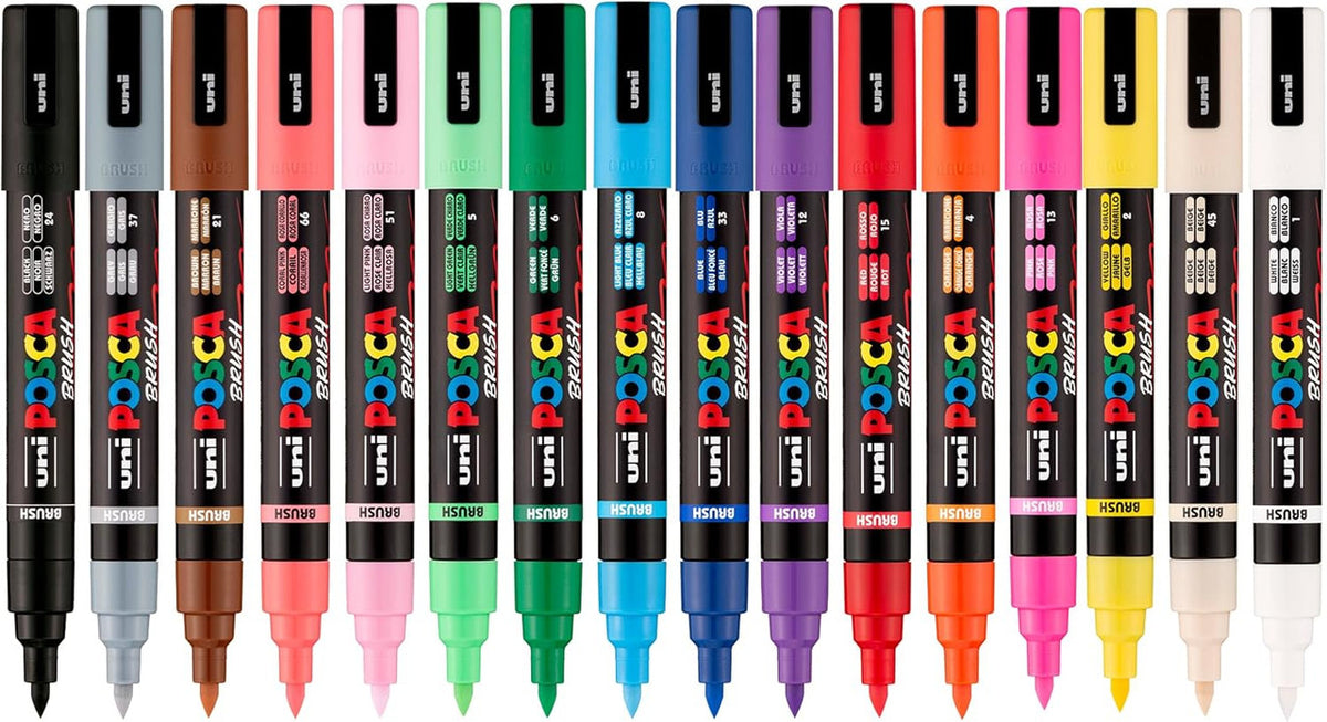 The 16 POSCA PC-5BR markers from the wallet laid out in a row