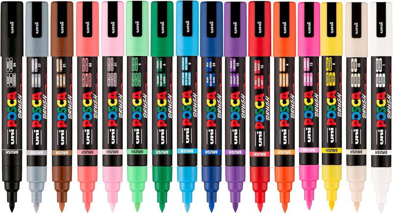 The 16 POSCA PC-5BR markers from the wallet laid out in a row