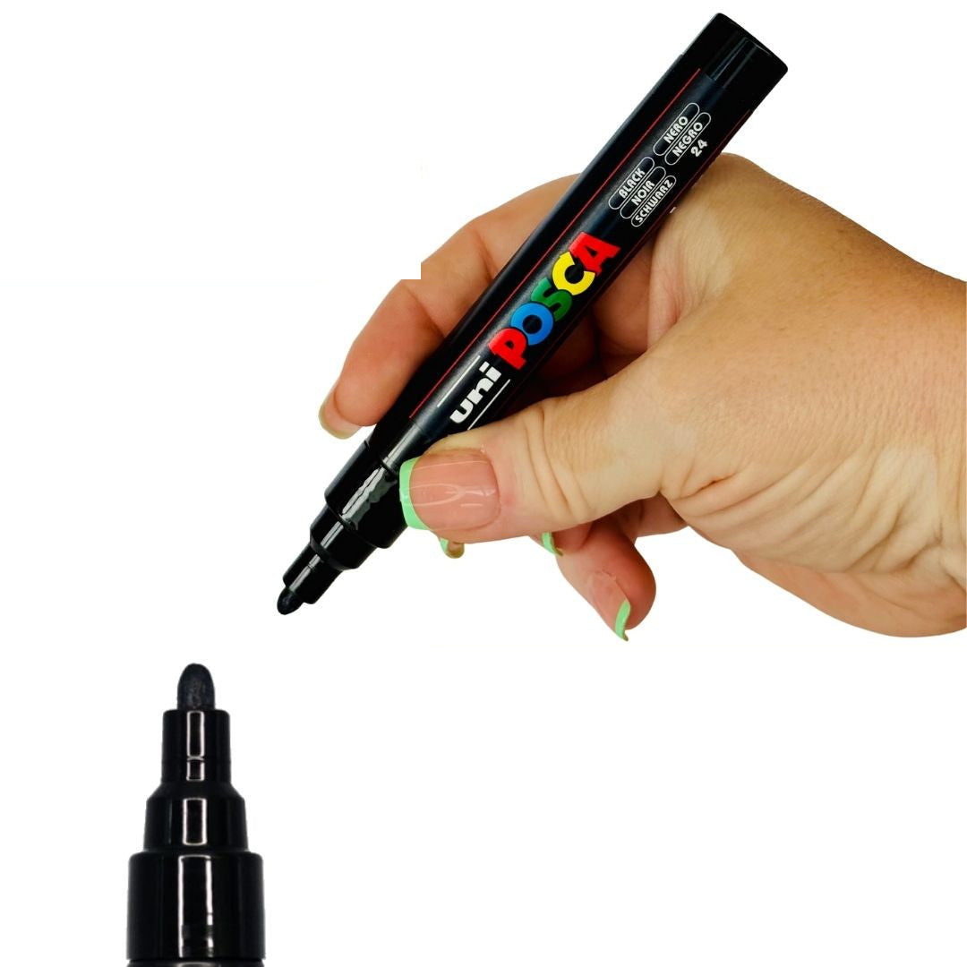 POSCA PC-5M medium 1.8 to 2.5mm paint marker held in hand, 57 colours available at PoscART