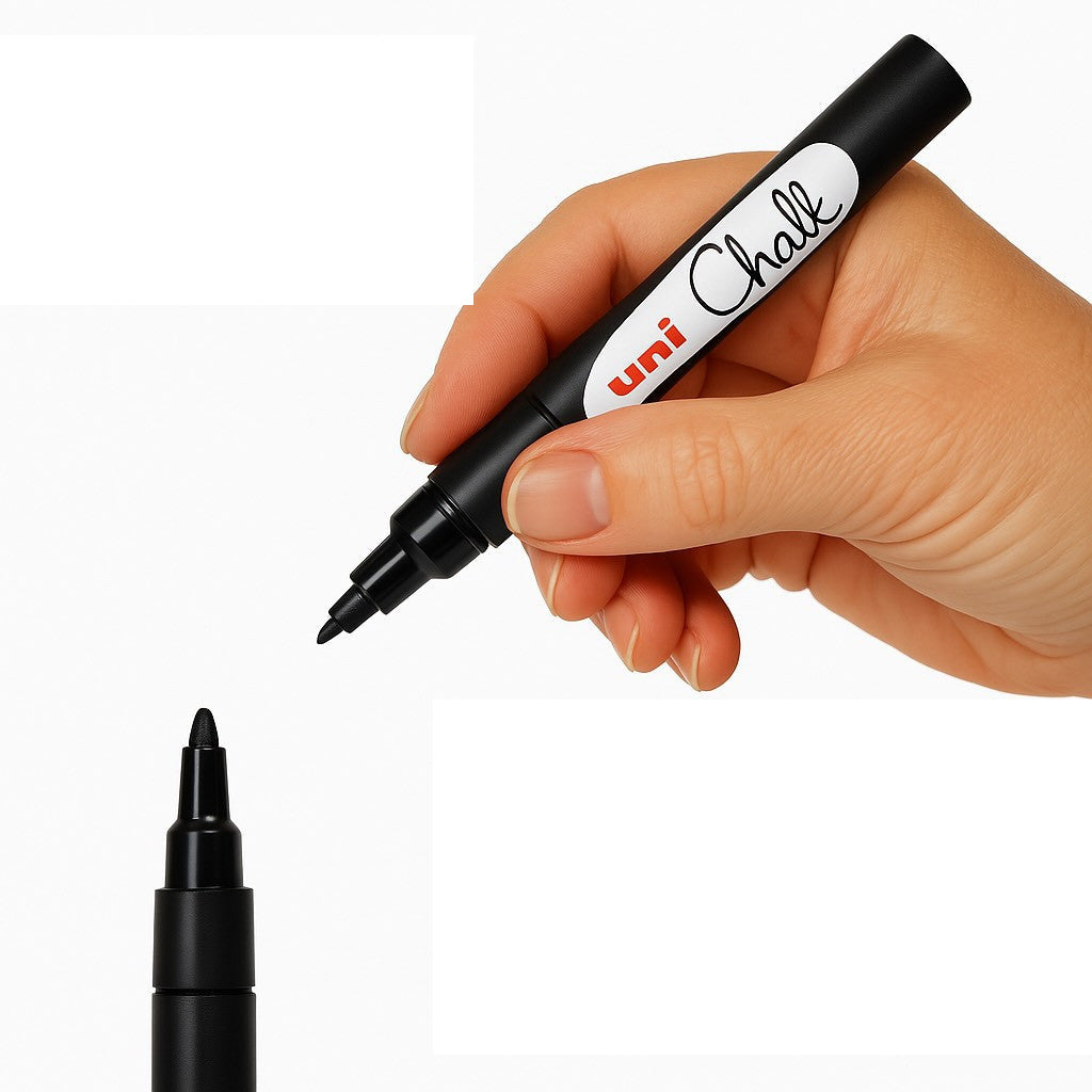 uni PWE-3MS fine liquid chalk marker held in hand, 3 colours available at PoscART