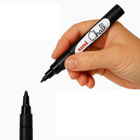 uni PWE-3MS fine liquid chalk marker held in hand, 3 colours available at PoscART