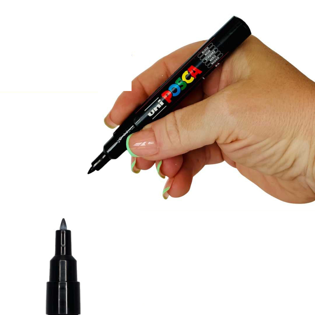POSCA PC-1M extra fine 0.7 to 1mm paint marker held in hand, 29 colours available at PoscART