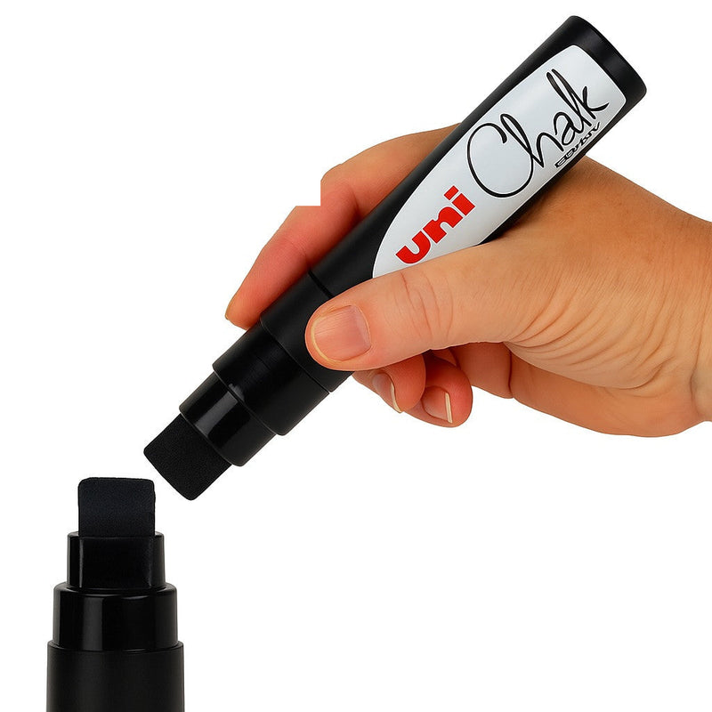 uni PWE-17K extra broad 15mm chisel liquid chalk marker held in hand, 5 colours available at PoscART