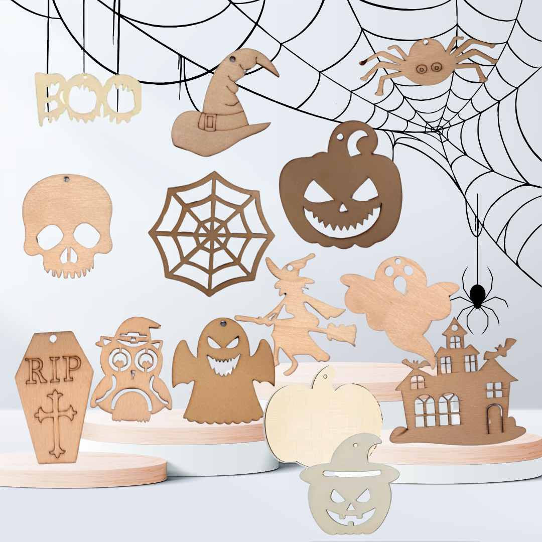 DIY wooden Halloween craft decorations set of 6, assorted pumpkin, ghost, web, witch, skull and haunted house shapes