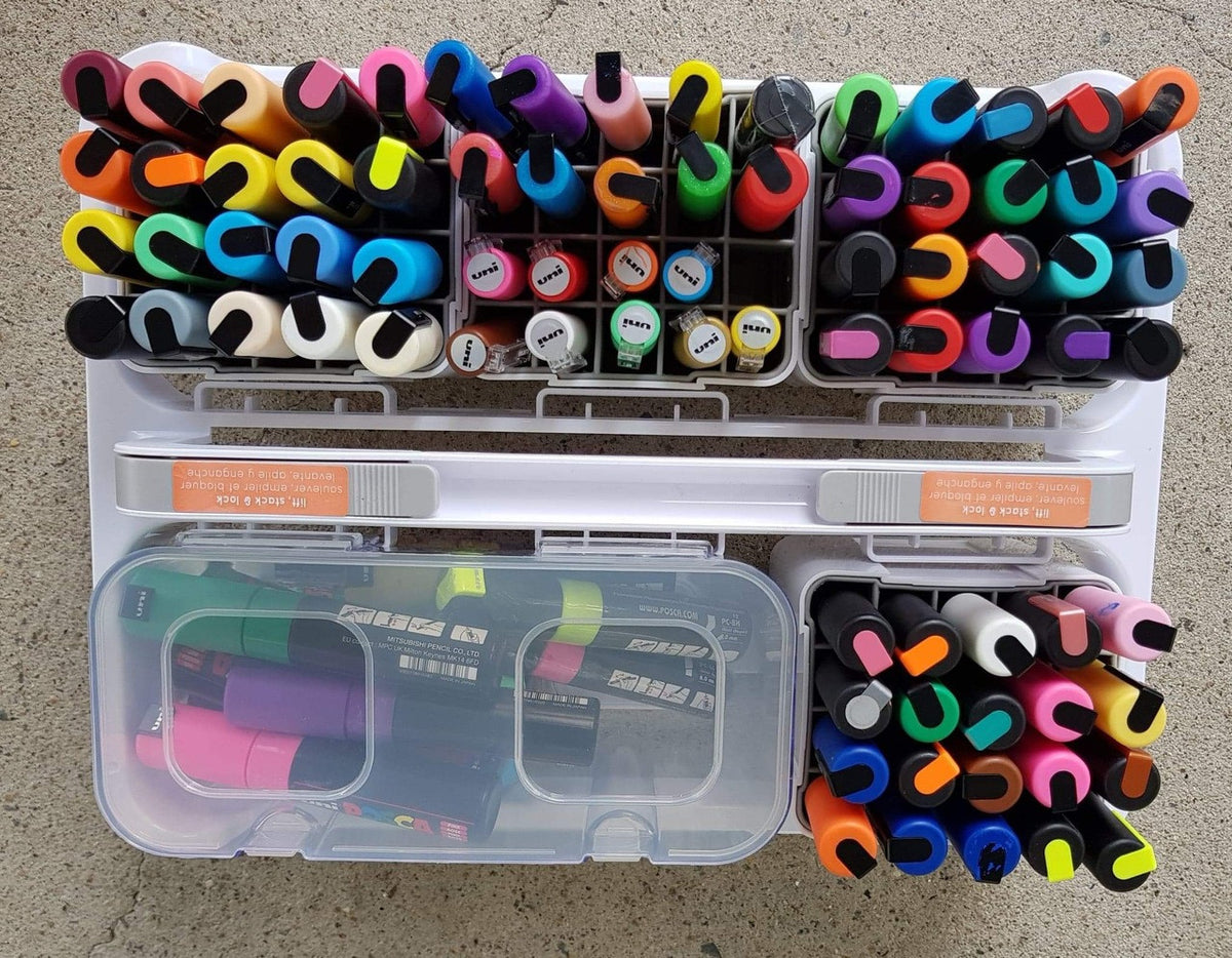 Deflecto stackable caddy organiser filled with markers and brushes
