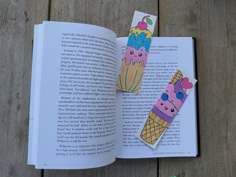 POSCA colour-in bookmarks ice cream theme, close up of pastel dessert artwork in pink, blue and yellow