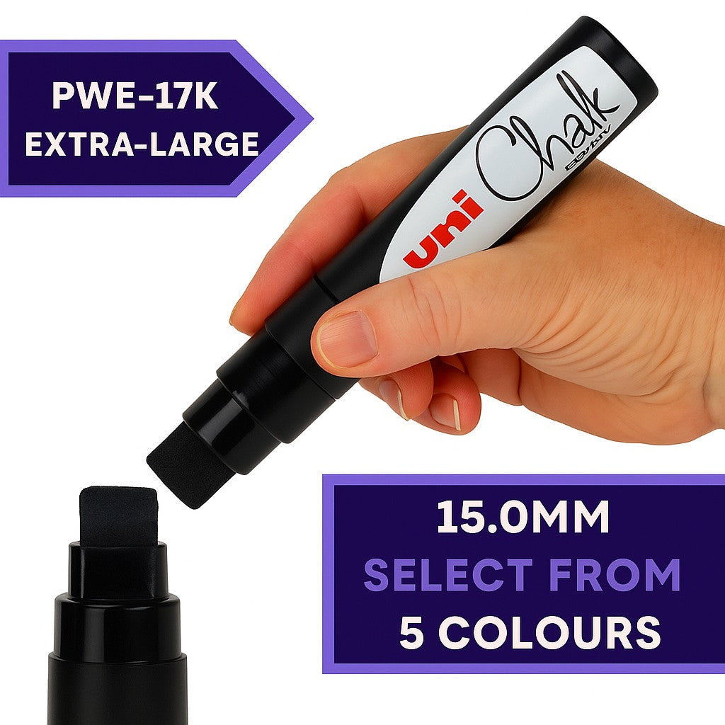 uni PWE-17K extra broad 15mm chisel liquid chalk marker held in hand, 5 colours available at PoscART